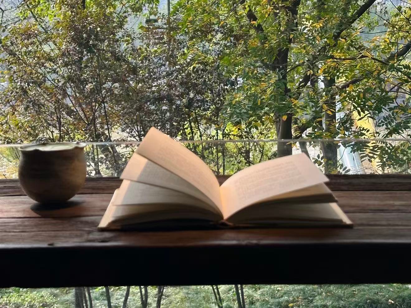 An open book and a clay cup on a wooden table by a window